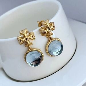 Tory Burch Gold Floral Drop Earrings with Pale Blue Drops